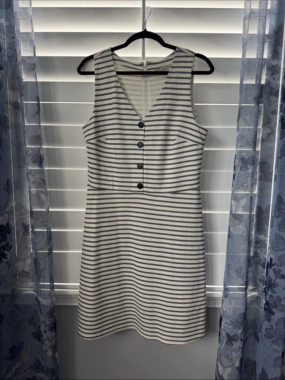 LOFT White and Gray Striped Sleeveless V-Neck Midi Dress